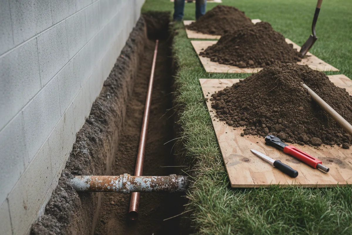 Excavated water line trench during Water Heater Repair in Vincent